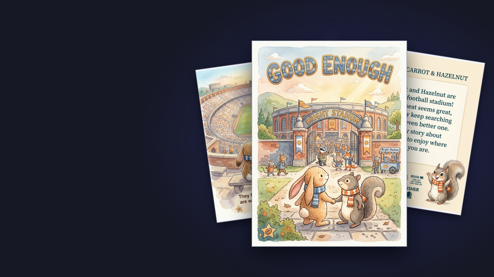 Three picture-book pages fanned out: a cover reading Good Enough, a stadium scene and a closing page.